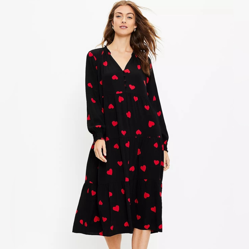 Loft Petite Heart tiered button midi swing dress‎